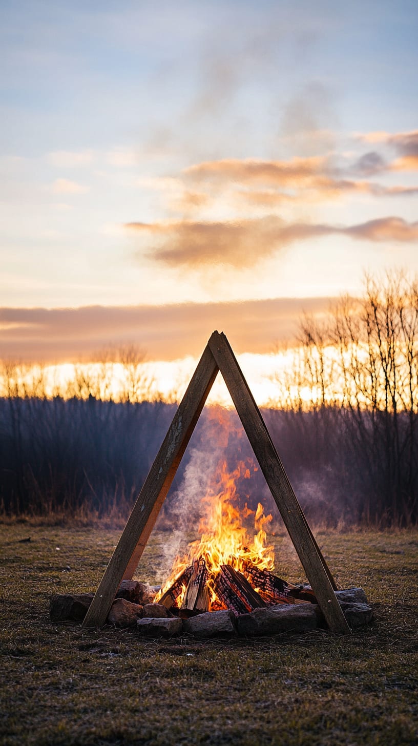 A triangular wooden frame surrounding a campfire with flames rising, set against a sunset sky and distant trees, creating a cozy outdoor atmosphere.
