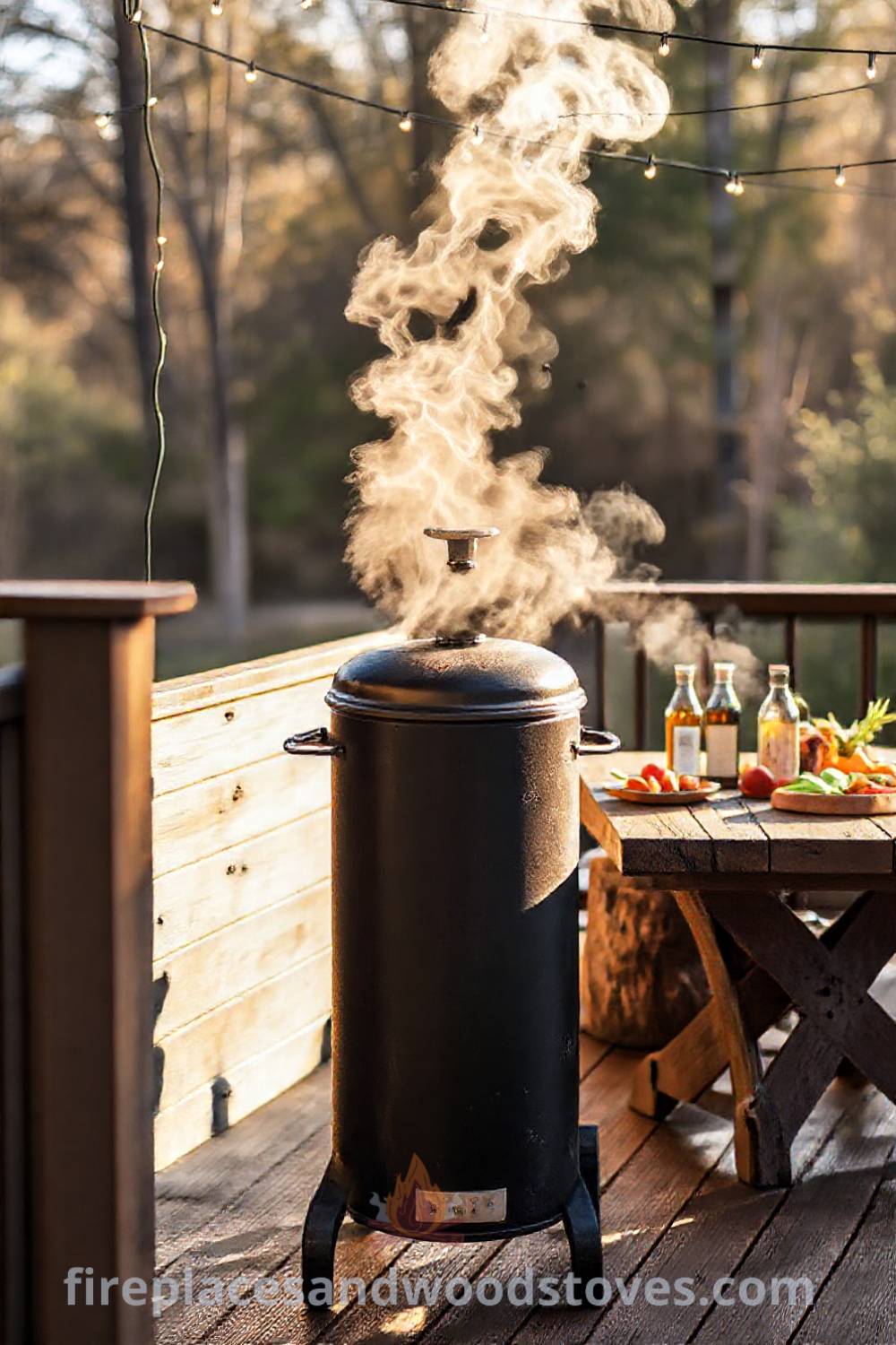 A tall vertical smoker barbecue on a wooden deck, surrounded by fresh vegetables and condiments on a rustic table, with twinkling fairy lights creating a cozy atmosphere, perfect for outdoor gatherings. Visit patioandhomefurniture.com for stylish outdoor design ideas that will wow your guests.