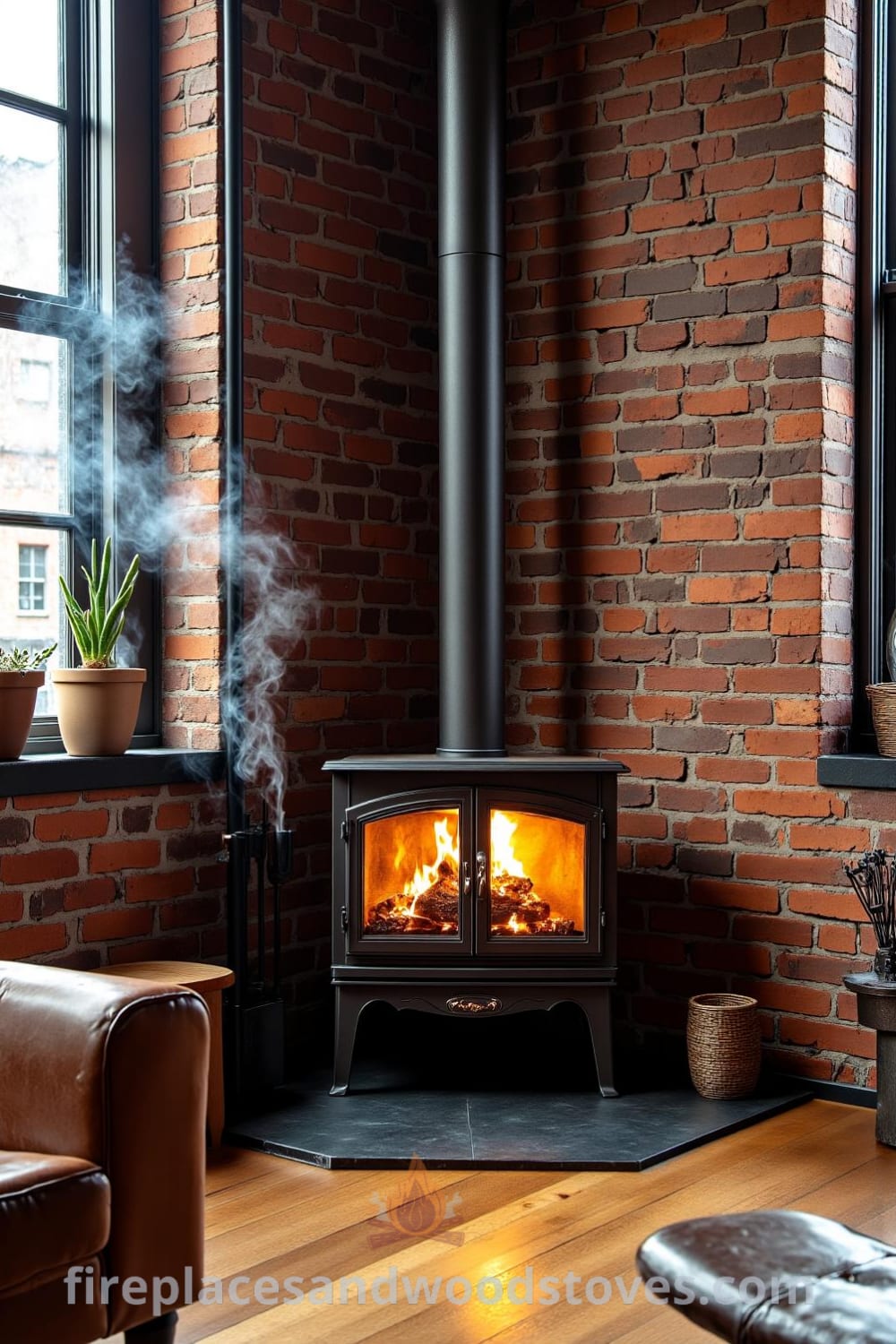 Industrial metal pipe woodstove fireplace in an urban loft setting, surrounded by mismatched furniture and exposed brick walls, with warm flames illuminating the space, providing cozy ambiance and unique decor ideas for your home, visit fireplacesandwoodstoves.com.