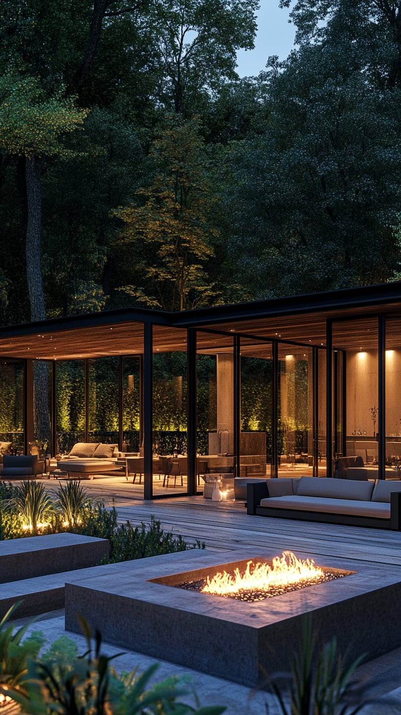 A modern outdoor living area featuring glass walls, a fire pit, and seating, surrounded by lush trees at night with warm lighting.