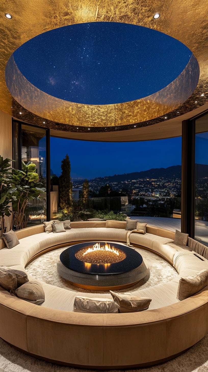 A luxurious circular living room featuring gold leaf ceiling, large round windows, and a central fire pit, with a view of Hollywood hills at night.