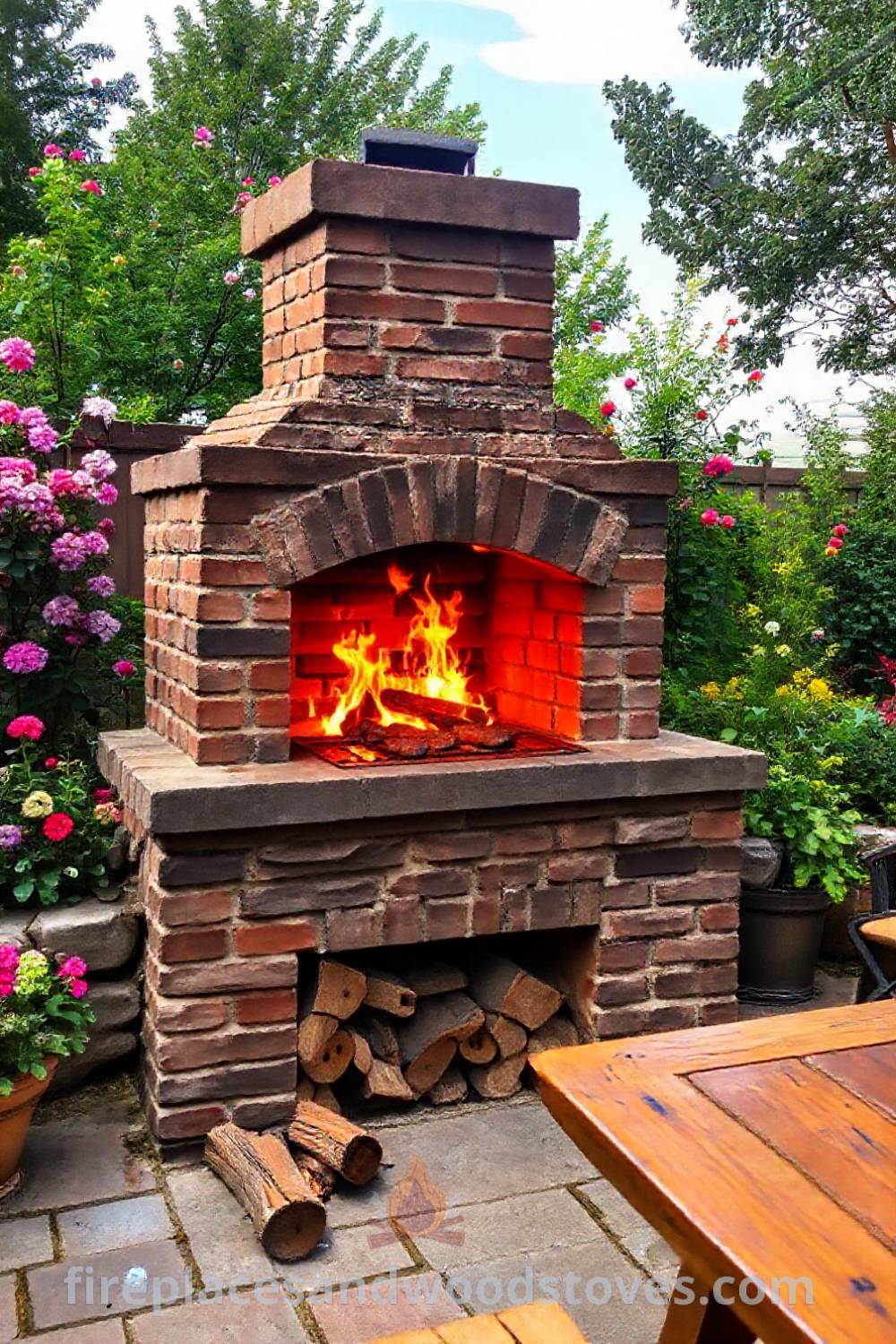 Charming outdoor patio featuring a brick fireplace BBQ surrounded by blooming flowers and lush greenery, creating a cozy and inviting space for gatherings. Visit patioandhomefurniture.com for stylish outdoor design ideas that will wow your guests.