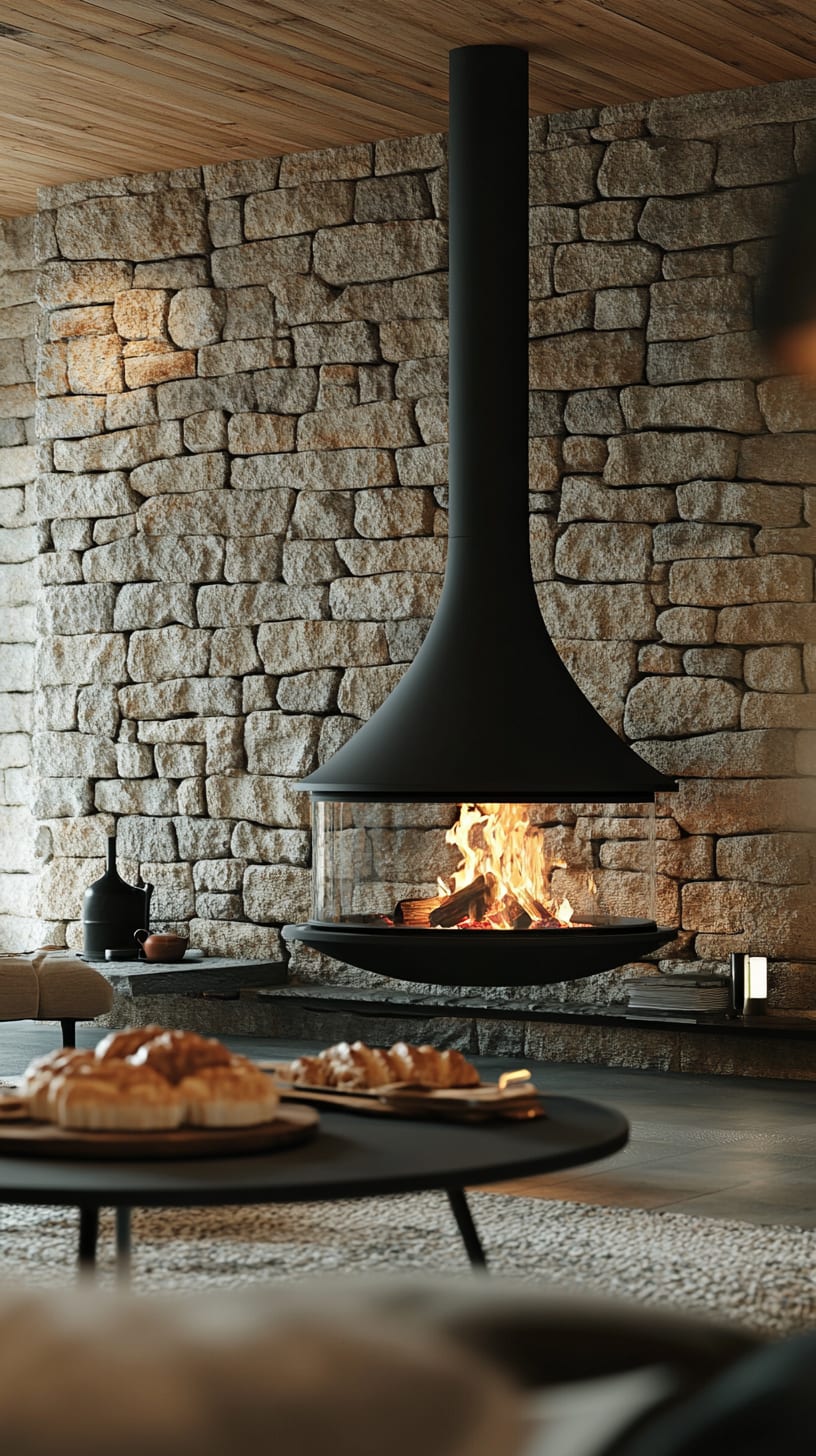 A luxurious living room featuring a black steel suspended fireplace in front of an old stone wall, with a coffee table adorned with pizza and pastries, creating a warm and inviting ambiance.