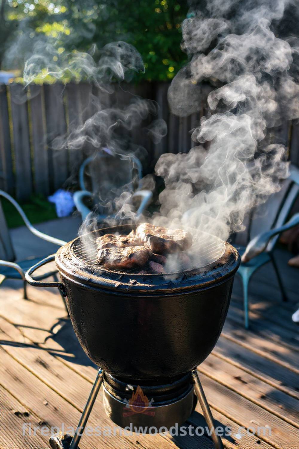 Classic charcoal grill barbecue in a cozy backyard setting with smoke curling from glowing coals, surrounded by wooden decking and casual seating for gatherings. Visit patioandhomefurniture.com for incredible ideas that will wow your guests.