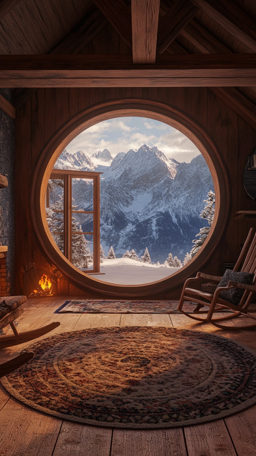 A cozy cabin interior featuring a large round window with snowy mountains visible outside, a fireplace, and rocking chairs, surrounded by warm lighting and wooden decor.