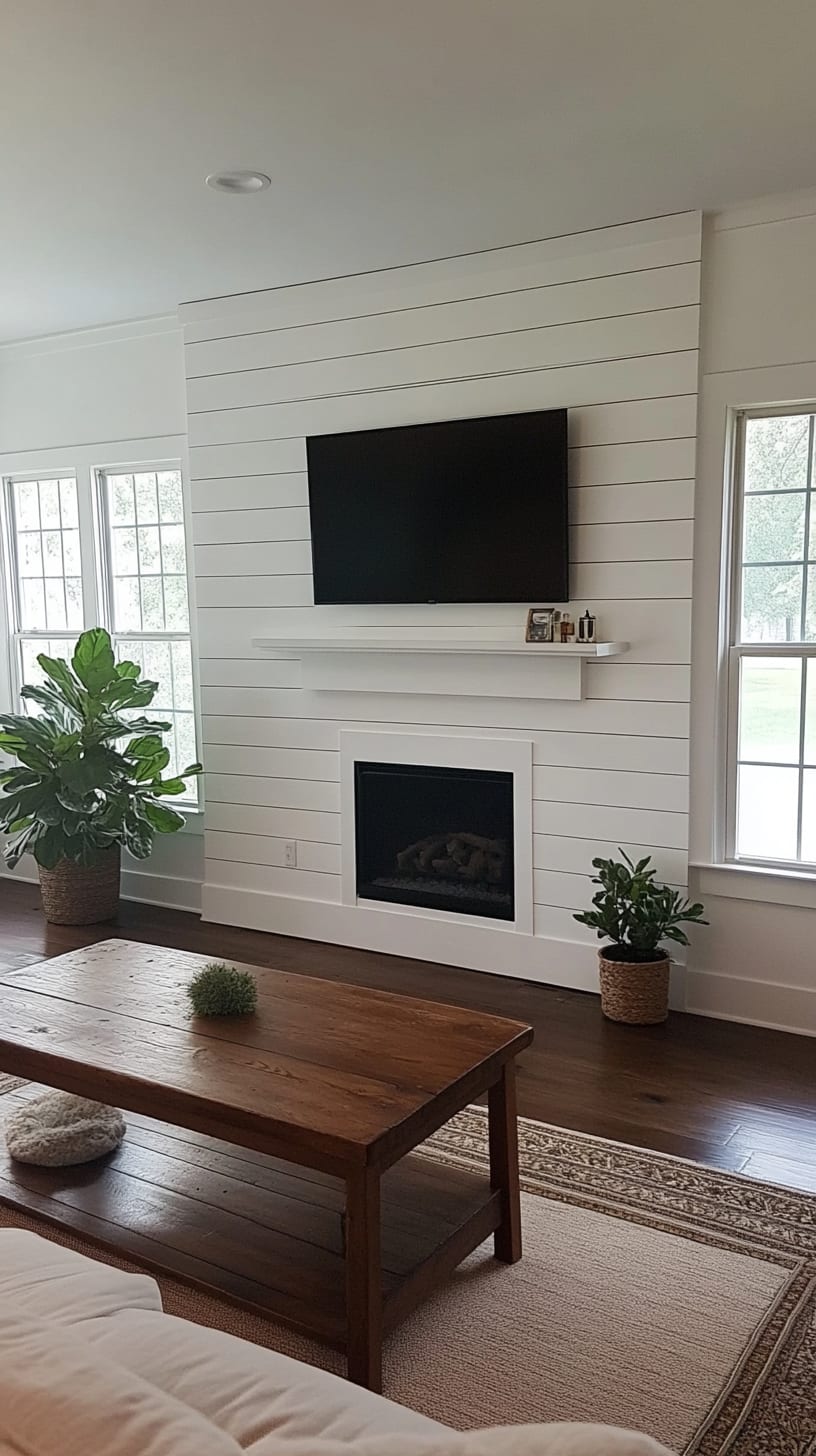 A cozy farmhouse living room featuring a white shiplap wall, a fireplace, a mounted TV, a wooden coffee table, and potted plants.