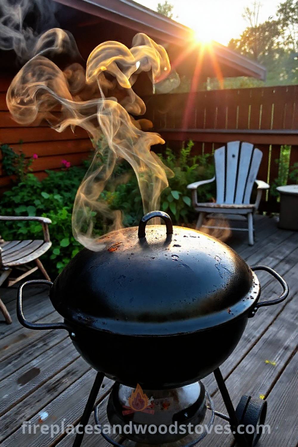 Kettle grill barbecue on a wooden deck surrounded by greenery with smoke rising in the warm evening light, evoking cozy outdoor gatherings and unique ideas for your home, featured on fireplacesandwoodstoves.com.