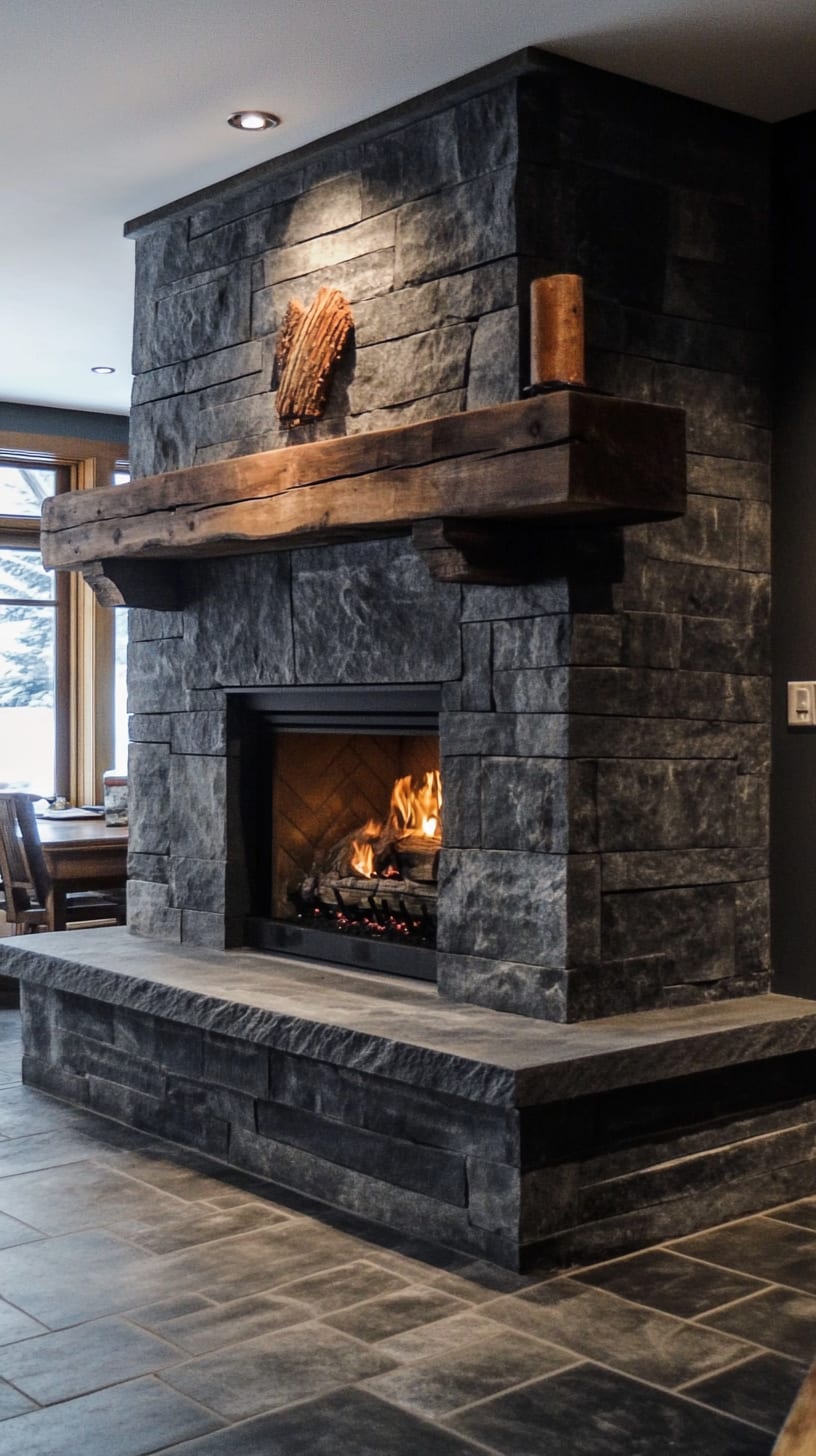A dark gray stone fireplace with wooden beams above, emitting a warm glow from the fire, located in a modern alpine lodge.