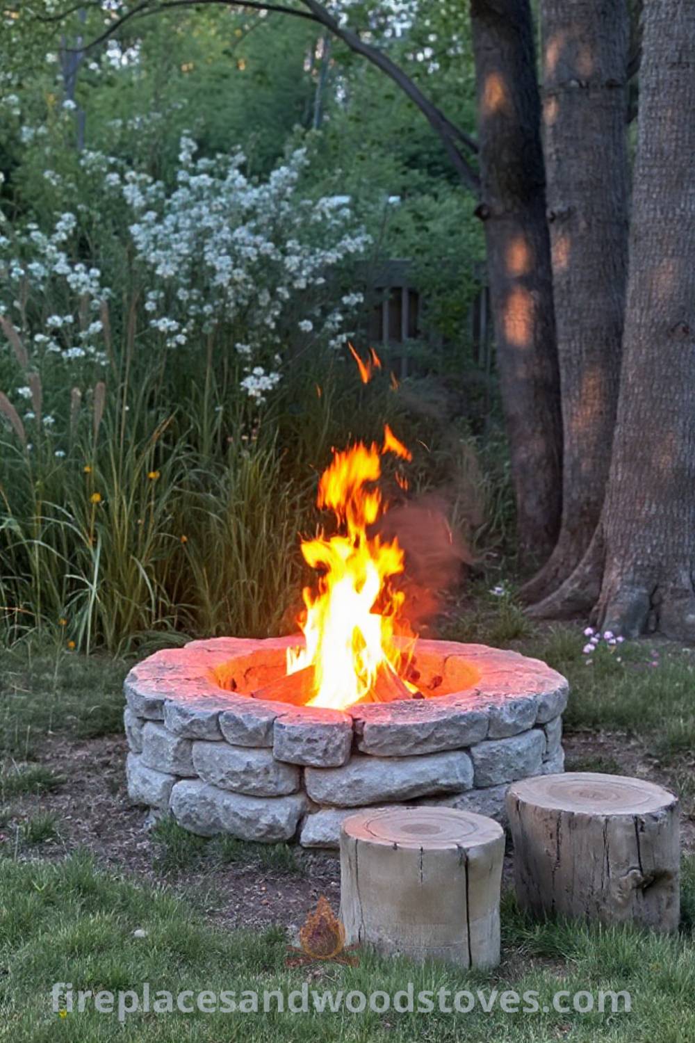 Warm stone fire pit in a lush backyard, surrounded by tall grasses and wildflowers, creating a cozy gathering space perfect for evening relaxation. Visit patioandhomefurniture.com for inspiring outdoor design ideas.