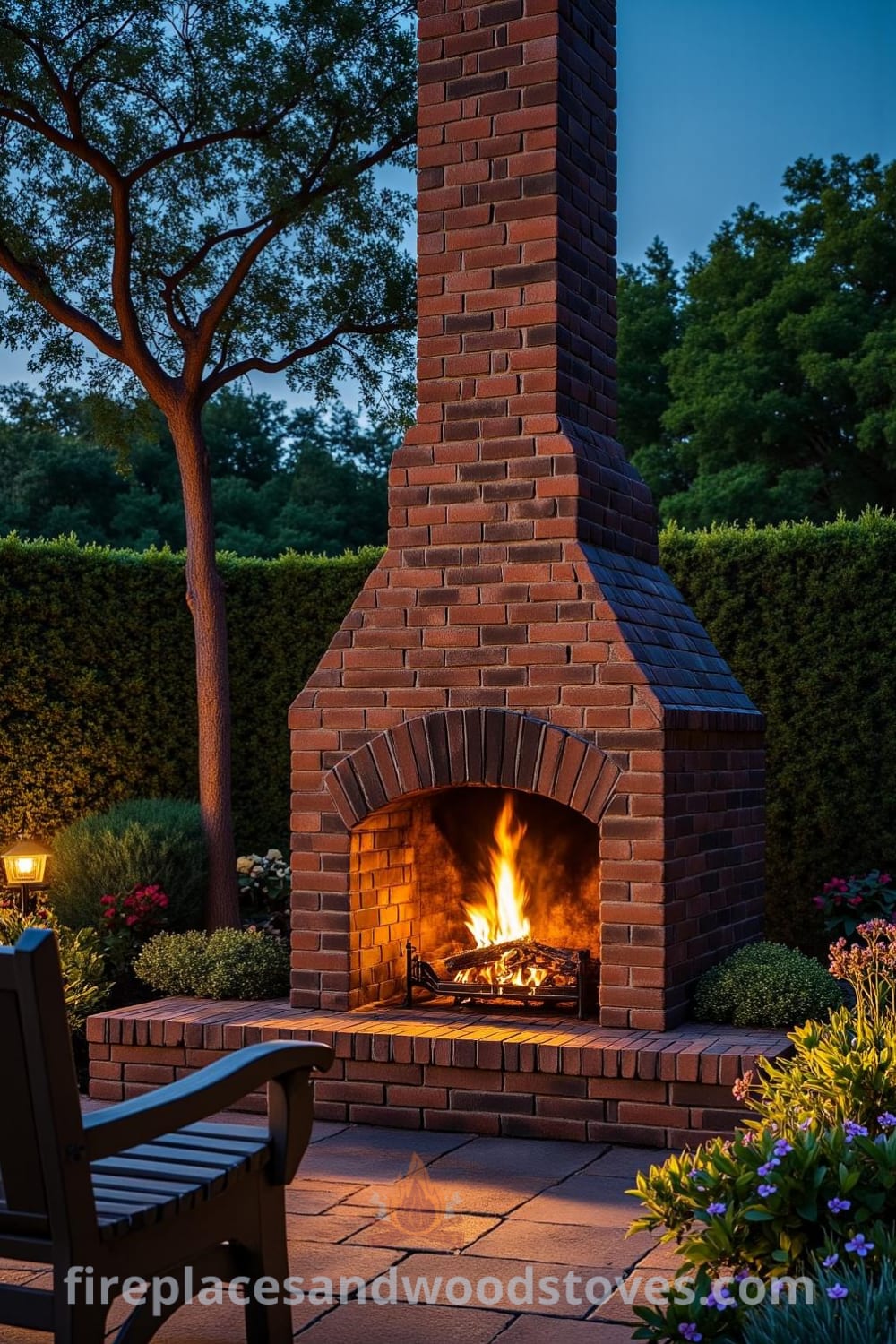 Tudor brick outdoor fireplace in a lush garden setting, surrounded by a stone pathway and rustic wooden bench, creating a cozy atmosphere for gatherings and storytelling, ideal for ideas for your home. Visit fireplacesandwoodstoves.com for inspiration.