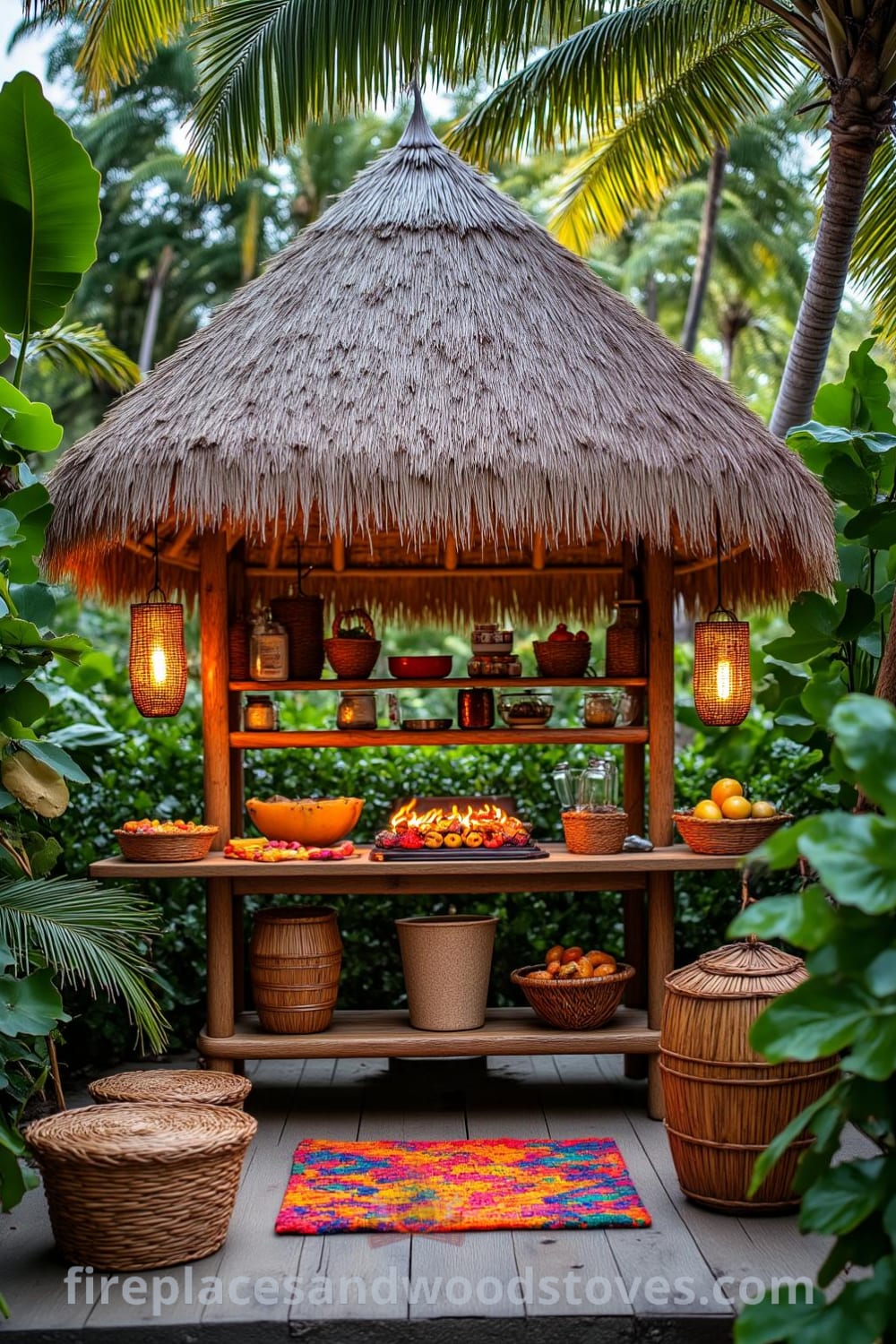Tropical tiki barbecue under a palm-thatched roof surrounded by vibrant green foliage, with wood-fueled flames flickering, colorful woven mats providing casual seating, and a serene atmosphere that evokes cozy ideas for your home, as featured on fireplacesandwoodstoves.com.