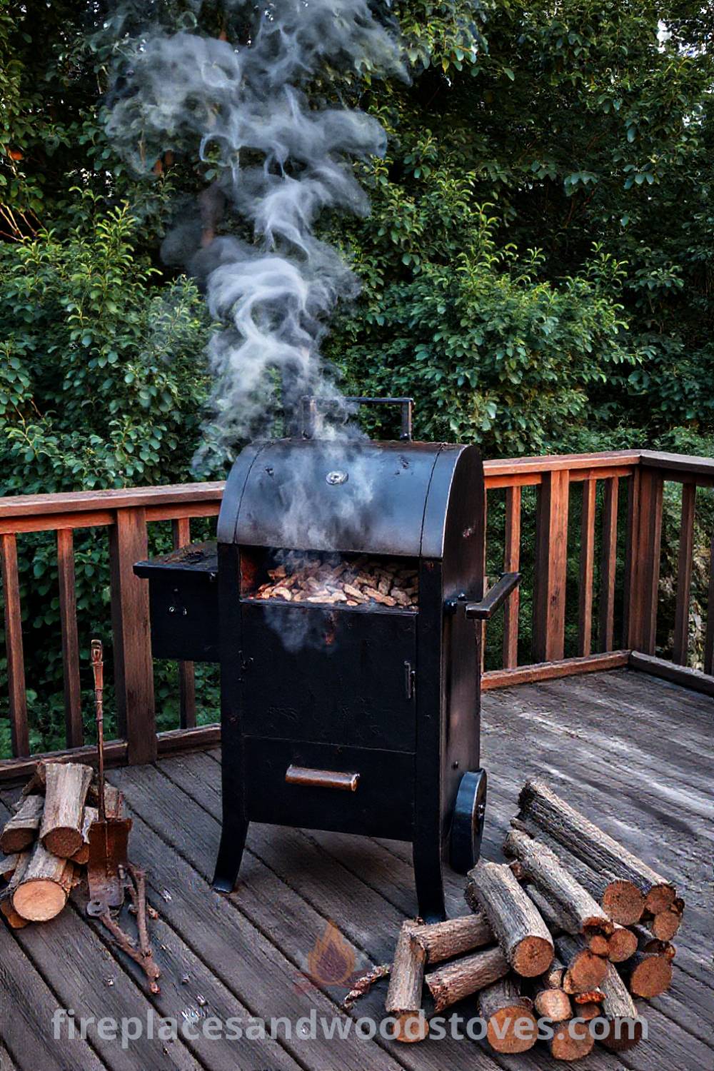 Sturdy blackened steel barbecue smoker on a wooden deck surrounded by greenery, with rustic tools and logs nearby, creating a cozy outdoor atmosphere ideal for grilling and communal gatherings. Visit fireplacesandwoodstoves.com for more cozy ideas.