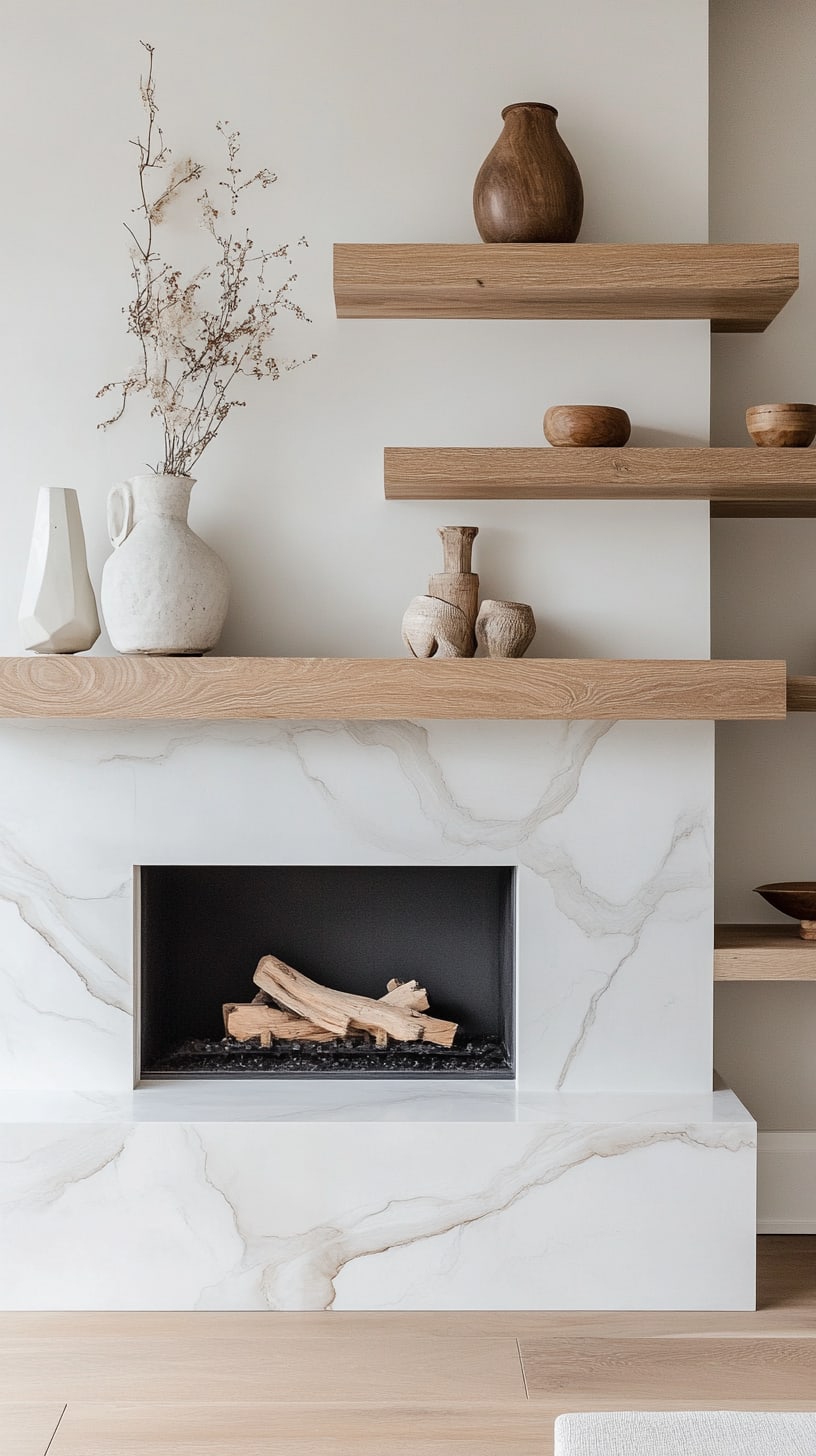 A modern fireplace featuring white marble and oak wood with floating shelves, set in a minimalist interior design.