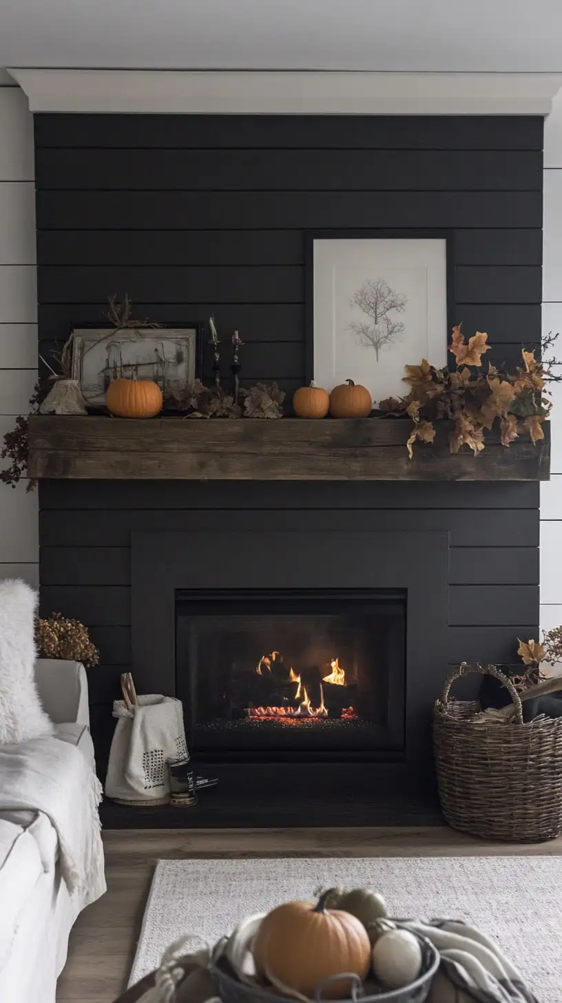 A black shiplap fireplace adorned with pumpkins and fall leaves, creating a warm and cozy atmosphere for autumn gatherings.