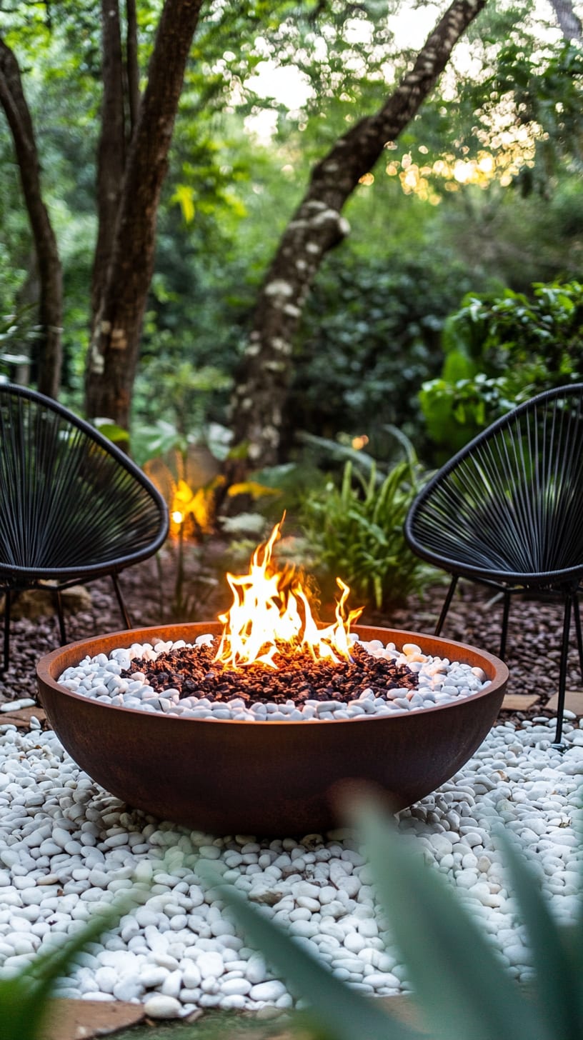 A serene outdoor setting featuring a fire pit surrounded by white pebbles, black chairs, and lush greenery, illuminated by warm flames.