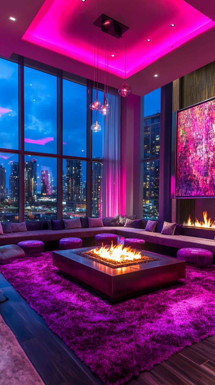 A luxurious penthouse living room featuring plush velvet couches, large windows with a city view at night, a central fire pit, and vibrant purple and pink accents.