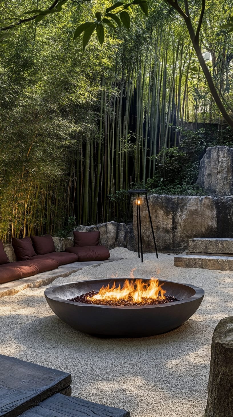 A cozy outdoor fire pit surrounded by bamboo and comfortable seating, creating a tranquil space for relaxation and socializing.