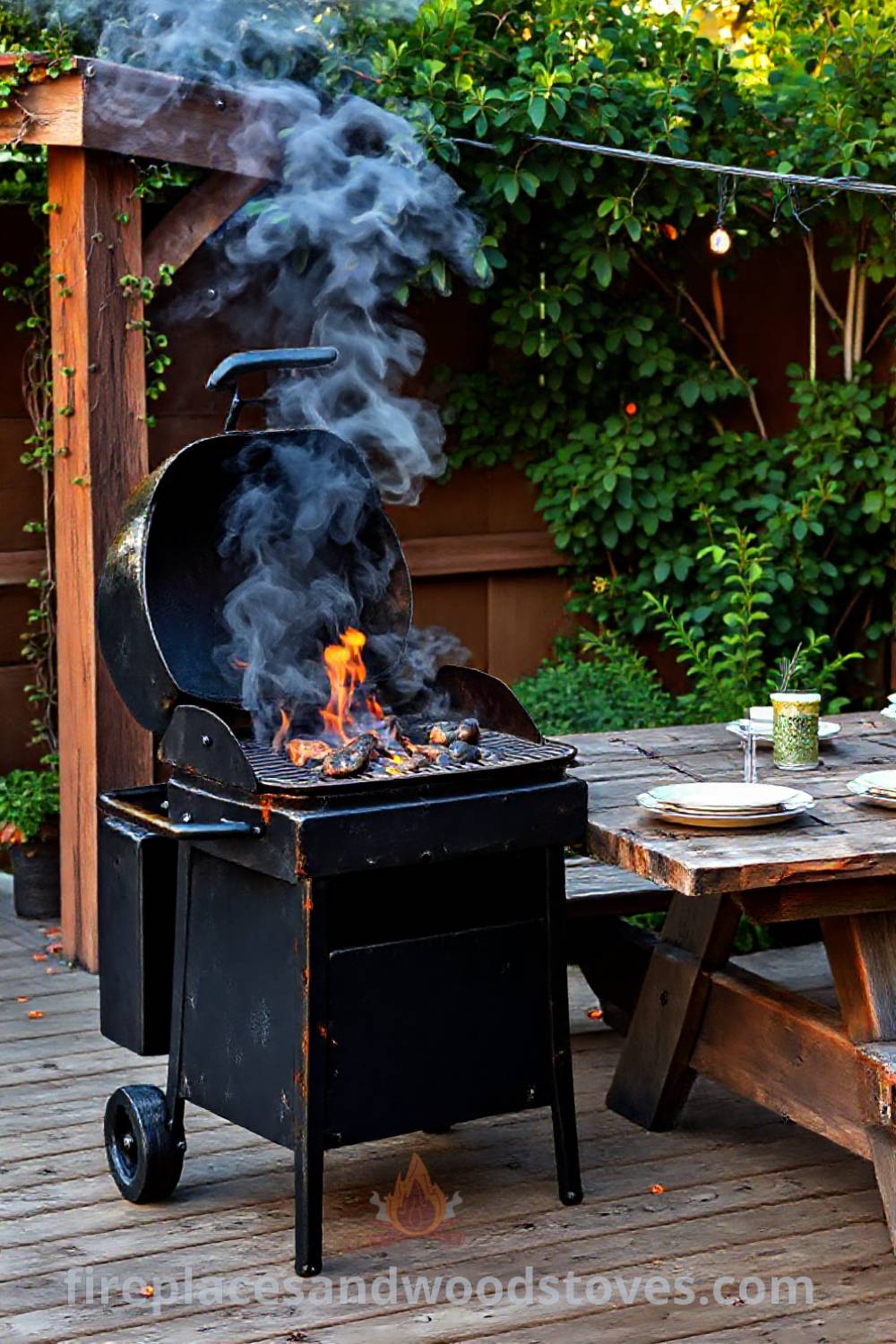 Charcoal grill barbecue on a wooden deck surrounded by vibrant greenery, smoke curling upward with orange flames, and a picnic table set for an inviting summer gathering, perfect for cozy outdoor dining. Visit patioandhomefurniture.com for stylish ideas that will wow your guests.