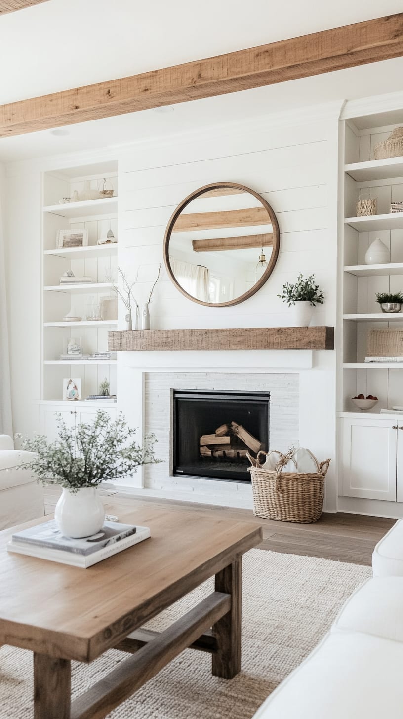 A cozy farmhouse living room with a white shiplap wall, fireplace, built-in shelves, and a light wood coffee table, creating an inviting space for family gatherings.