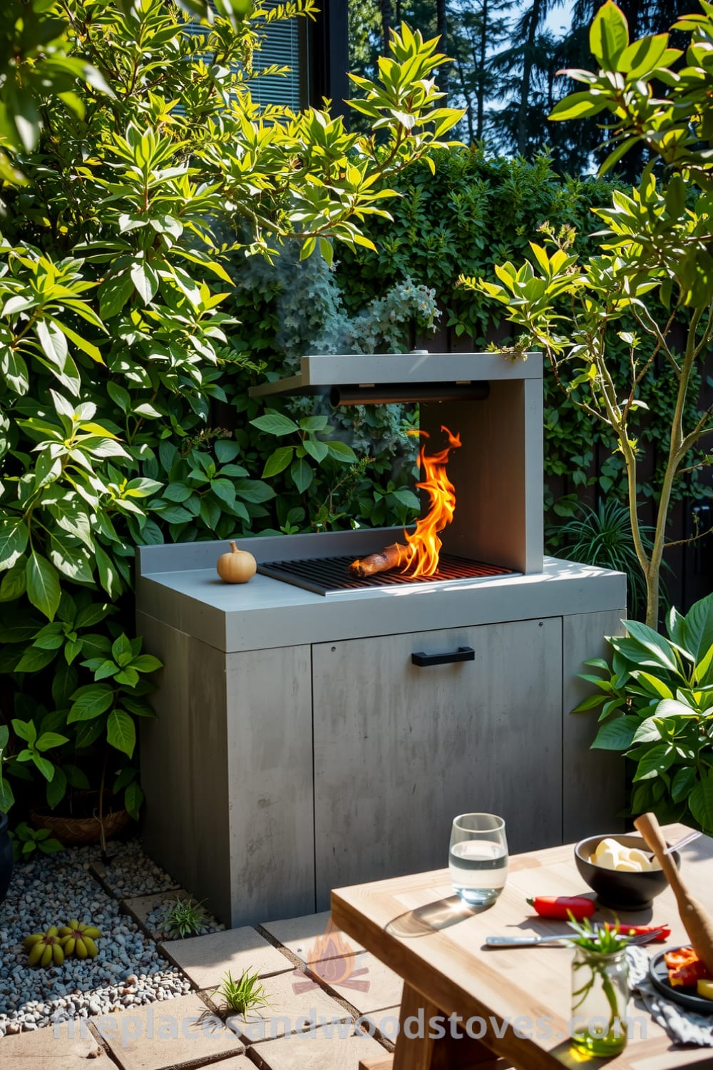 Modern concrete outdoor barbecue in a sun-drenched garden with flames flickering, surrounded by lush greenery, and a rustic wooden table scattered with remnants of a summer feast, providing cozy ideas and design inspirations for your home, showcased at fireplacesandwoodstoves.com.