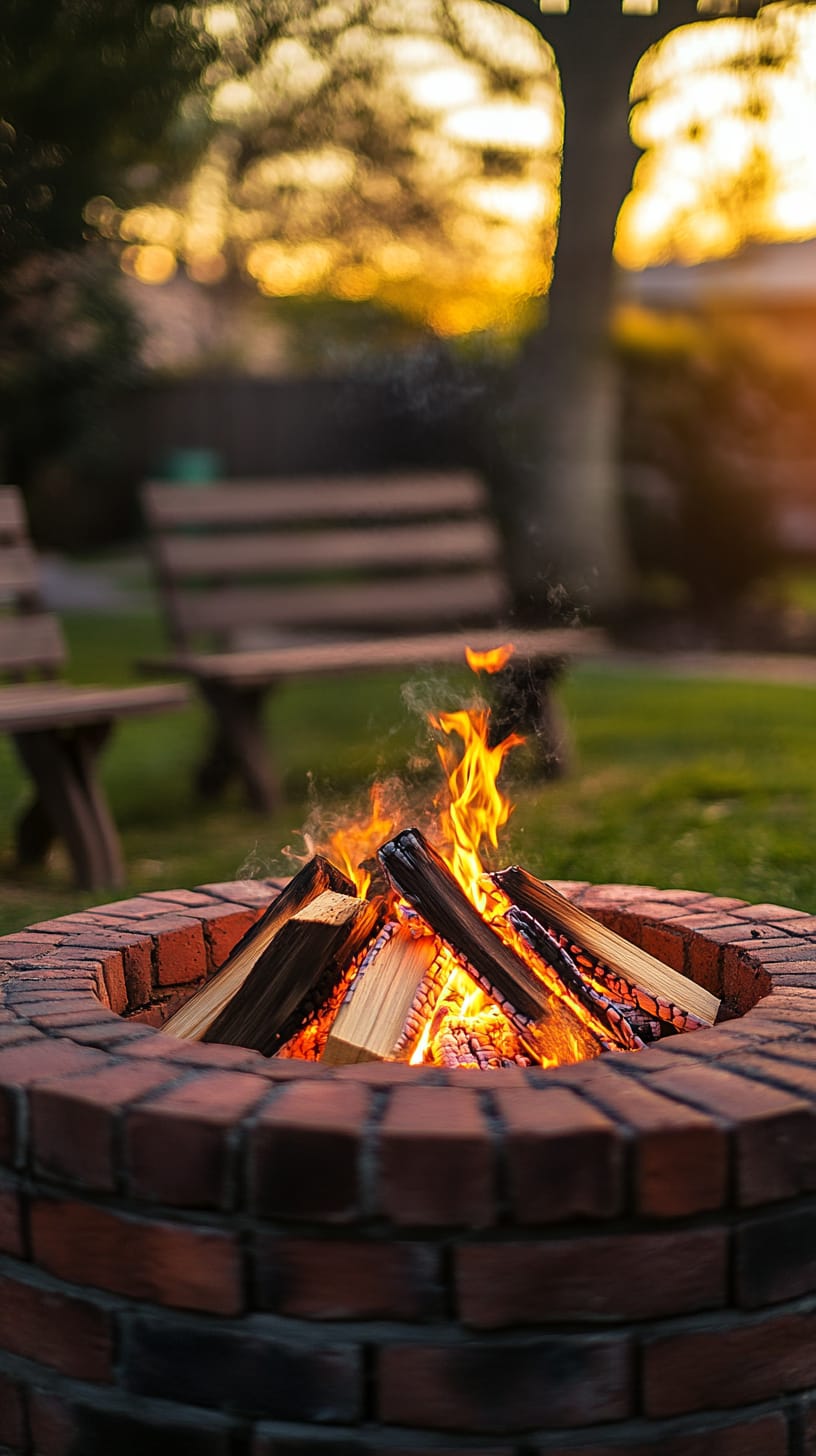 A red brick fire pit with wood burning, surrounded by wooden benches in a grassy yard during sunset, creating a warm and inviting atmosphere.