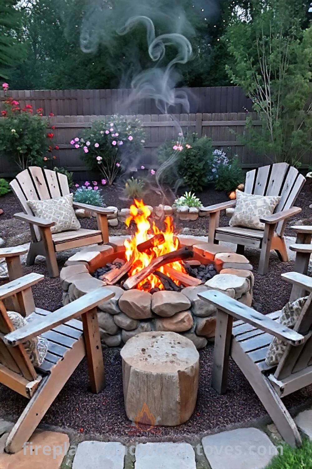 Rustic backyard charcoal fire pit surrounded by mismatched wooden chairs and cushions, creating a cozy gathering area filled with warmth and laughter. Visit patioandhomefurniture.com for stylish outdoor design ideas that will wow your guests.