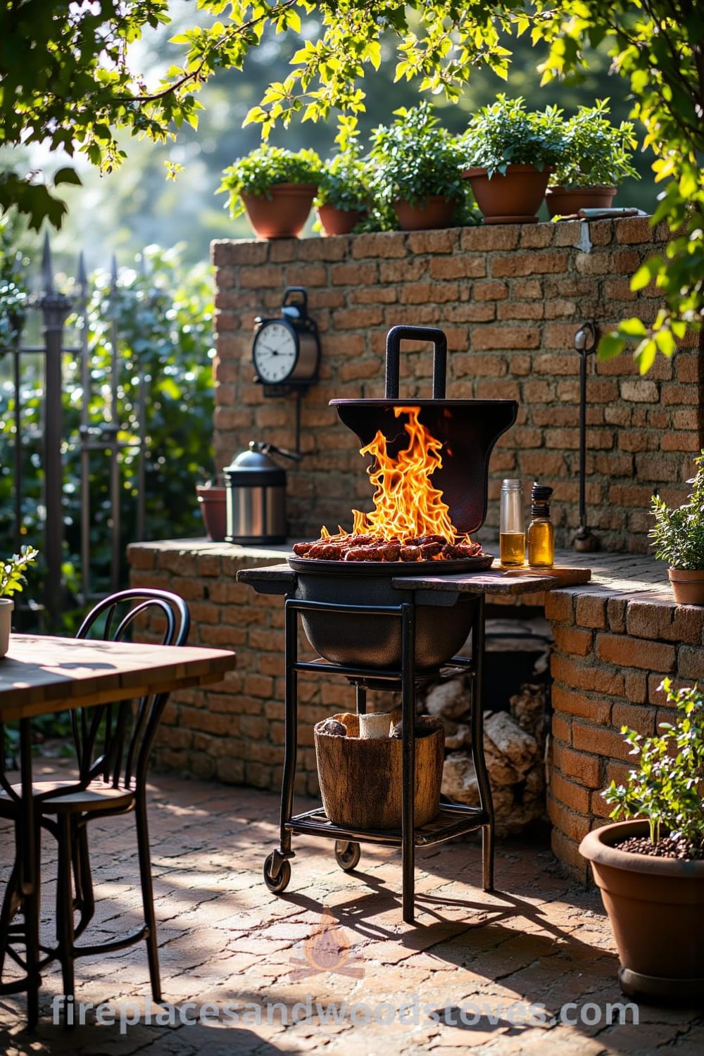 Rustic wrought iron barbecue in a sun-drenched garden, featuring textured brick surround, leafy plants, and stacked wooden logs, creating cozy outdoor dining ideas and inspirations at fireplacesandwoodstoves.com.