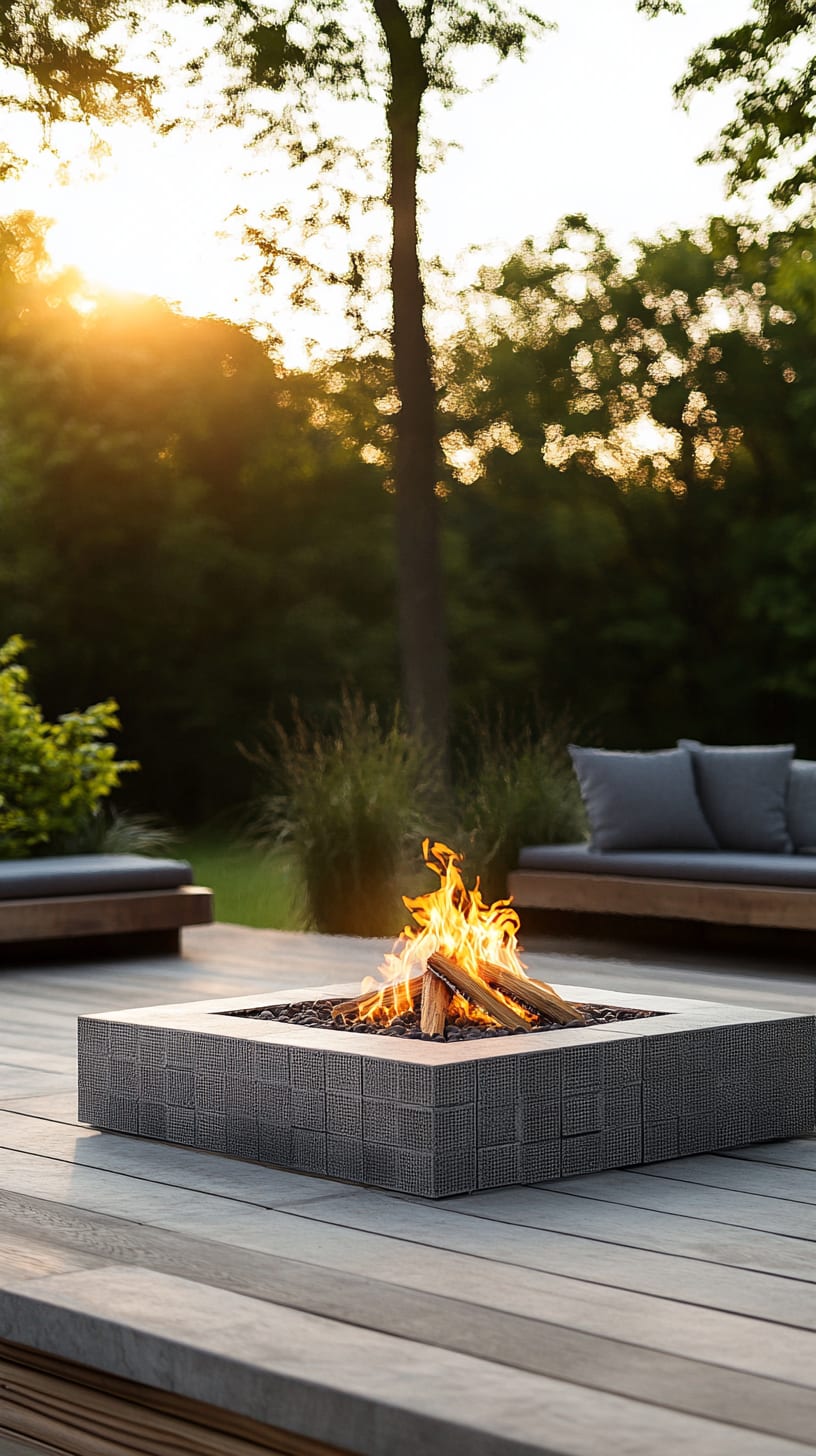 A modern outdoor fire pit with an elegant square shape on a wooden deck, surrounded by cushions and illuminated by the warm glow of flames at sunset.