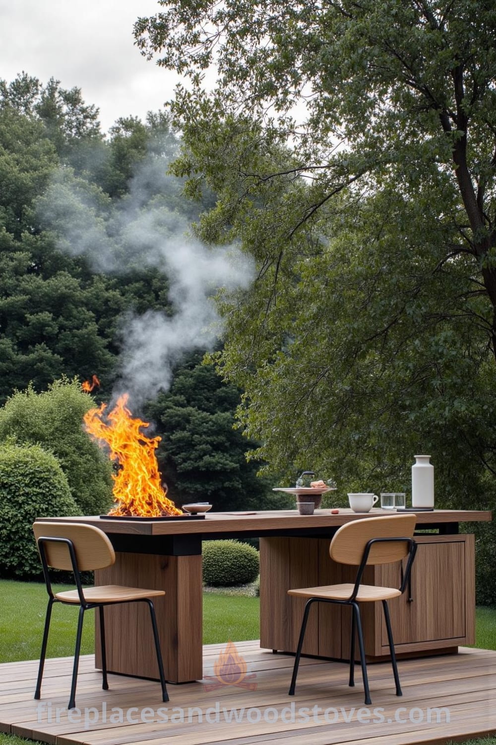 Scandinavian minimalist outdoor barbecue on a wooden deck surrounded by greenery, featuring a sleek charcoal grill and mismatched chairs, creating a cozy atmosphere ideal for friendly gatherings and summer nights at fireplacesandwoodstoves.com.