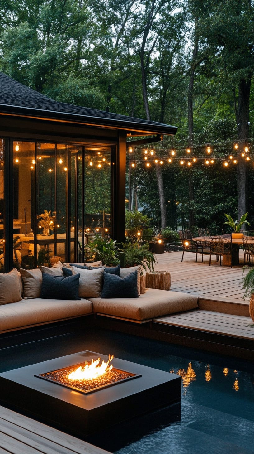 A cozy outdoor seating area with comfortable sofas, string lights, and an open fire pit surrounded by trees, with a visible pool in the background and a modern house with black walls and glass doors.