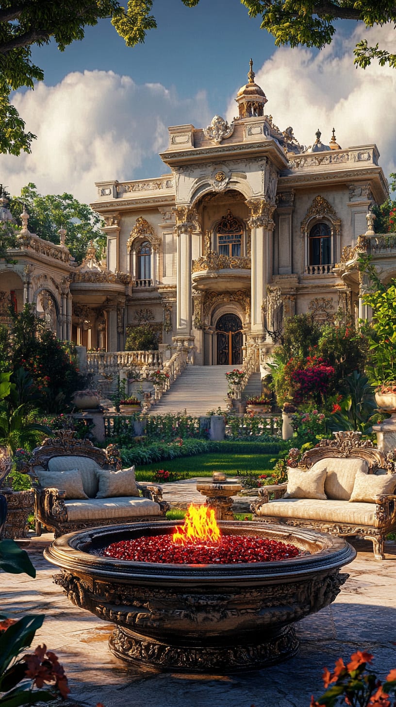 A majestic mansion surrounded by lush gardens and an ornate fire pit at the center, showcasing intricate architectural details and plush seating.