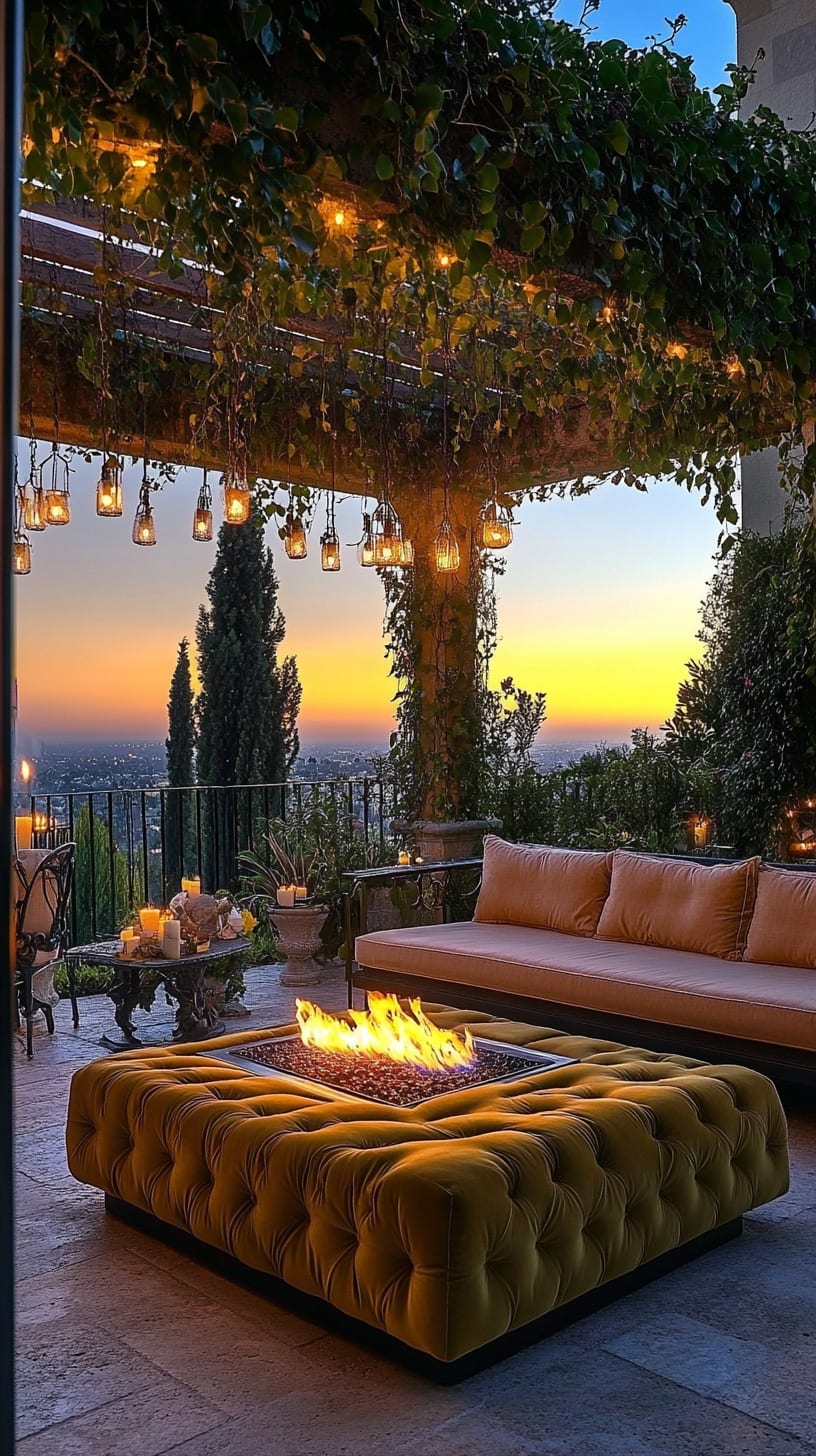 A luxurious outdoor living area featuring a plush velvet sofa, oversized fire pit, and hanging lights, with a panoramic view of Los Angeles at sunset.