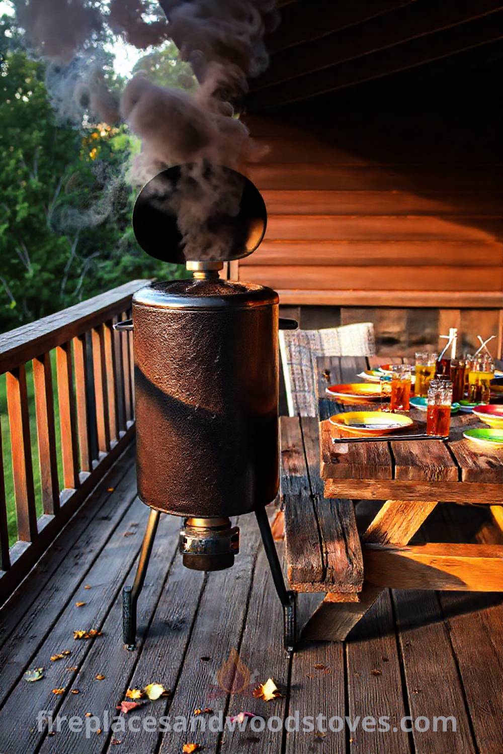 Tall vertical smoker barbecue on a weathered wooden deck surrounded by summer grilling decor, featuring a rustic picnic table with colorful plates and drinks, creating a cozy outdoor gathering space. Visit patioandhomefurniture.com for stylish ideas that will wow your guests.