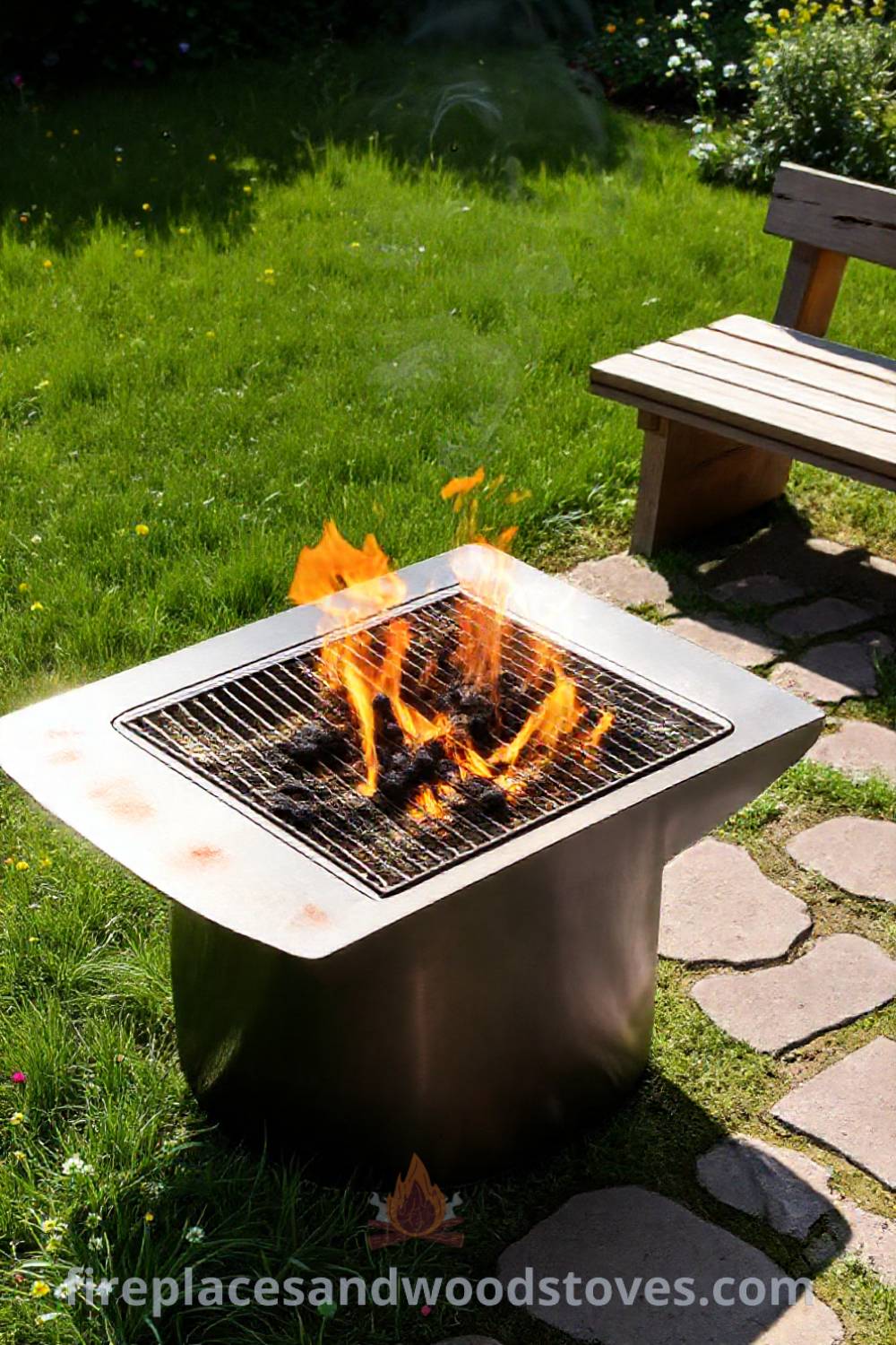 Sleek metal fire pit surrounded by lush grass and wildflowers, featuring a shiny charcoal grill grate and flickering flames, creating a warm and inviting outdoor space. Visit patioandhomefurniture.com for stylish designs transforming your backyard with ideas you
