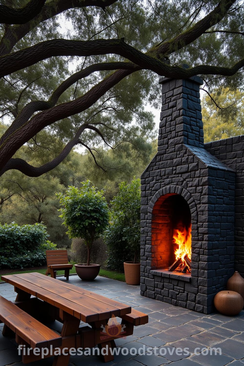 Gothic stone outdoor barbecue surrounded by ancient trees, featuring warm amber flames and rustic wooden benches, creating a cozy atmosphere perfect for gatherings, showcased at fireplacesandwoodstoves.com.
