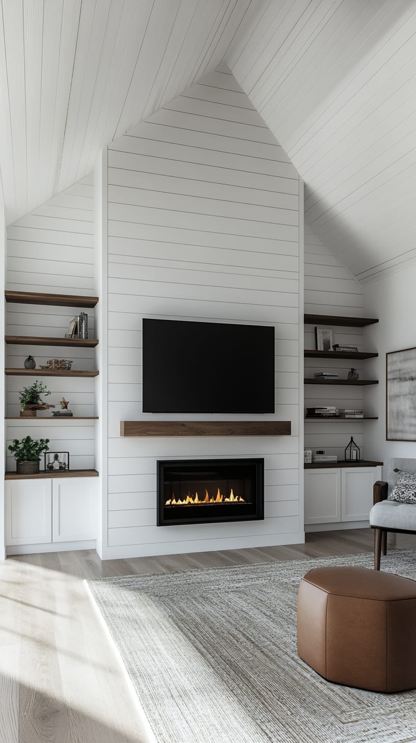 A modern farmhouse living room featuring white shiplap walls, an electric fireplace, and a flat-screen TV above it, with natural light streaming in and a cozy atmosphere.