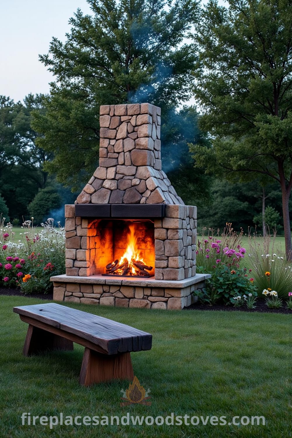 Rustic stone outdoor fireplace surrounded by wildflowers and tall grass, with a warm fire casting golden light. A weathered wooden bench nearby creates a cozy gathering spot, blending well with the natural ambiance, perfect for outdoor decor inspiration. Visit fireplacesandwoodstoves.com for more unique ideas for your home.