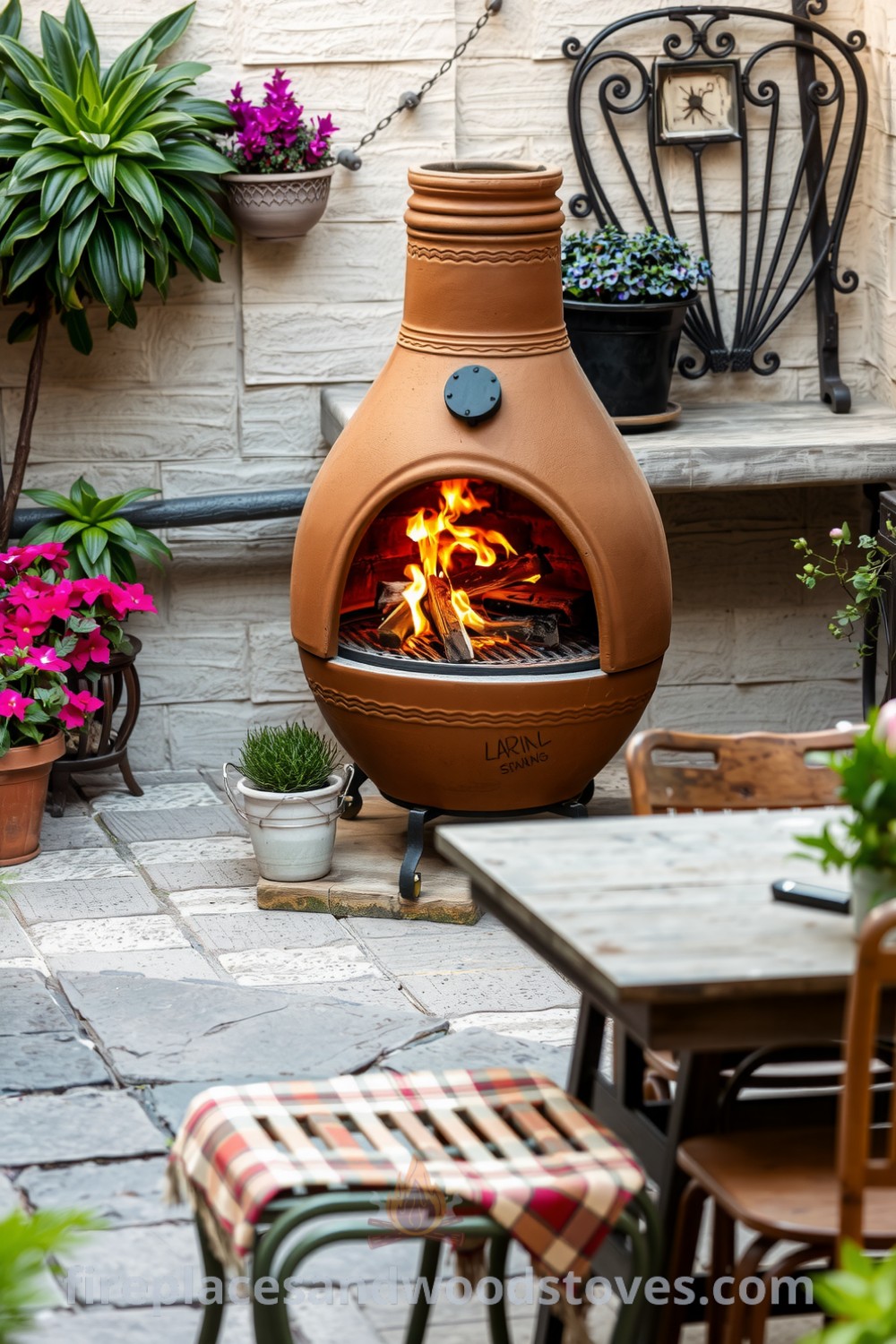 Bohemian clay outdoor barbecue on a textured stone patio surrounded by lush plants and a rustic wooden table with mismatched chairs, providing cozy ideas for gatherings and decor inspirations for your home. Visit fireplacesandwoodstoves.com for unique ideas.