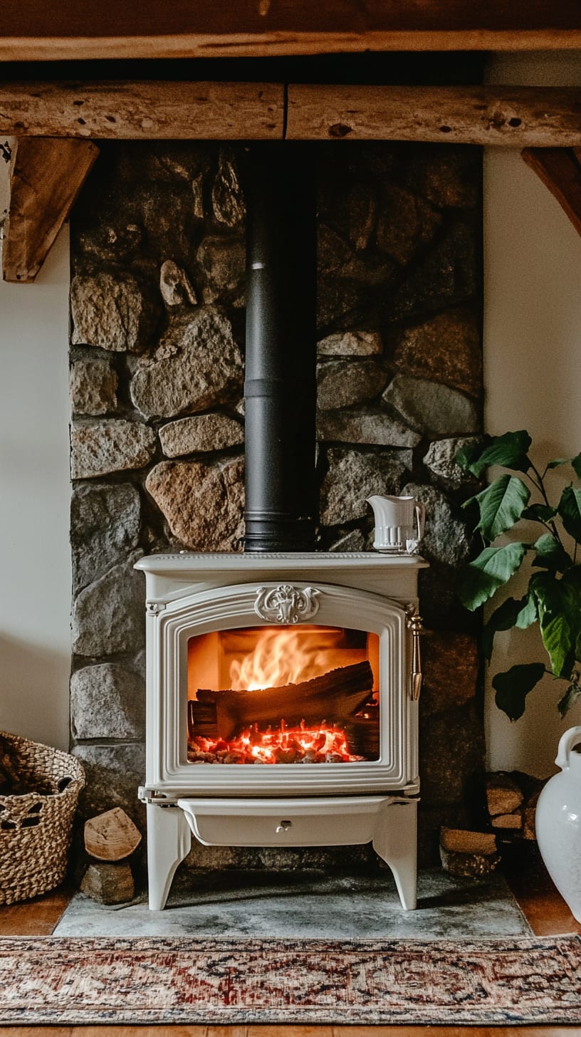 A vintage white wood stove with flames in front of an elegant stone fireplace, surrounded by rustic wooden beams and a cozy rug, creating a warm and inviting interior.