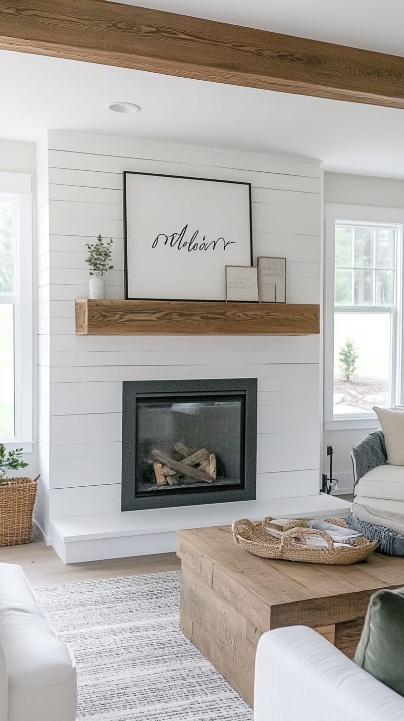 A modern farmhouse living room featuring white shiplap walls, wood beams, a cozy coffee table, and natural light streaming through large windows.
