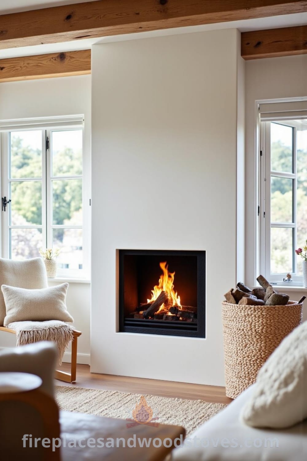 Scandinavian whitewashed fireplace in a sunlit living room, featuring rustic wooden beams, soft textile accents, and a woven log basket beside the hearth, creating cozy ideas for your home on fireplacesandwoodstoves.com.