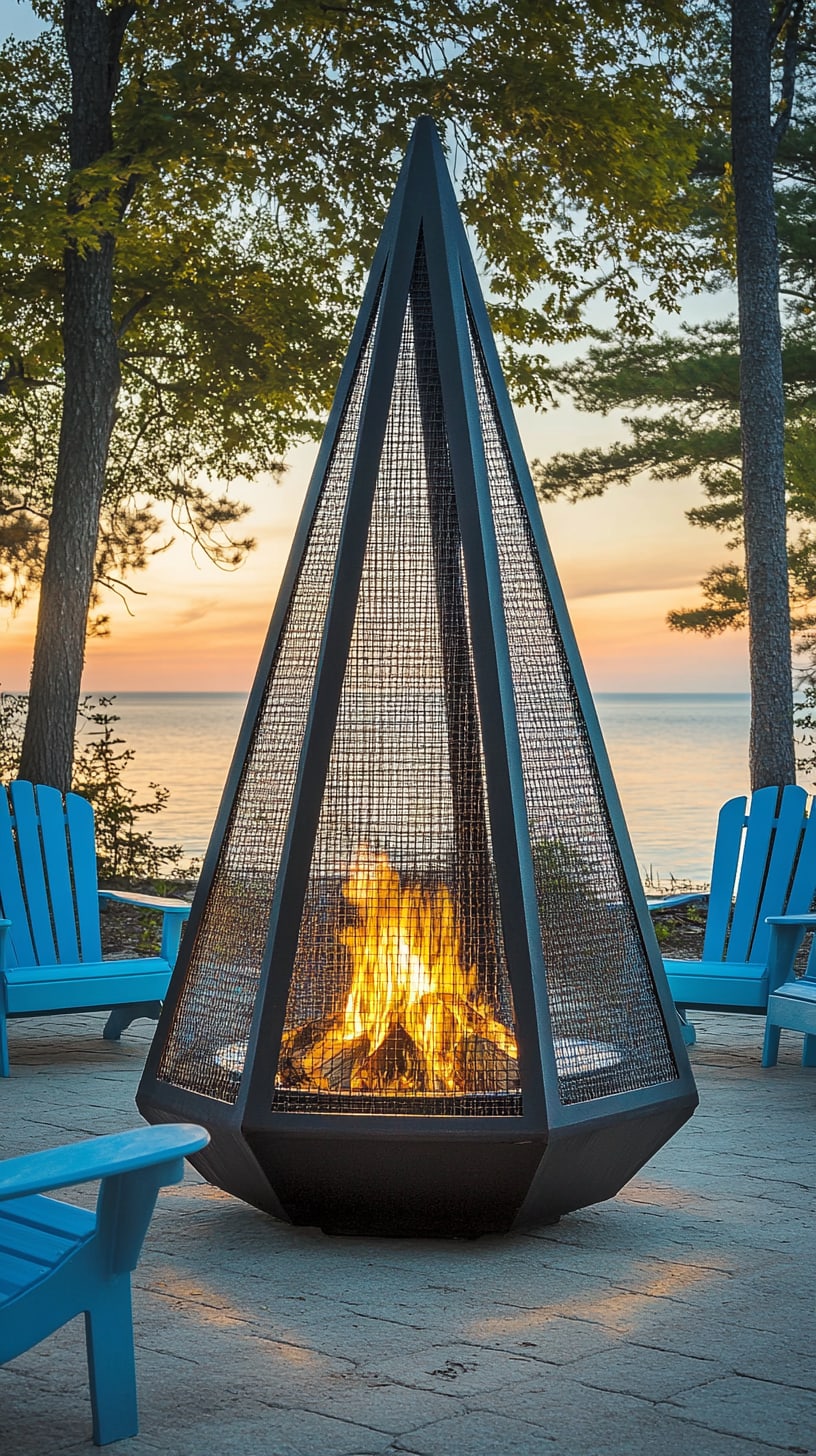 A modern triangular fire pit with a glass cover, set on wooden planks near blue chairs, with flames visible inside, by Lake Michigan during a summer sunset.