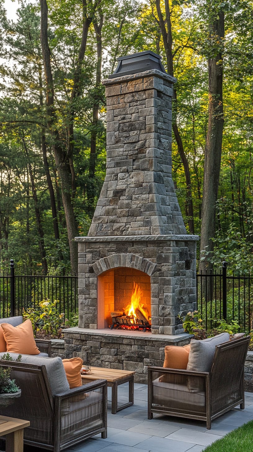 An outdoor fireplace with a stone mantel, surrounded by seating and greenery, creating a cozy atmosphere for gatherings.