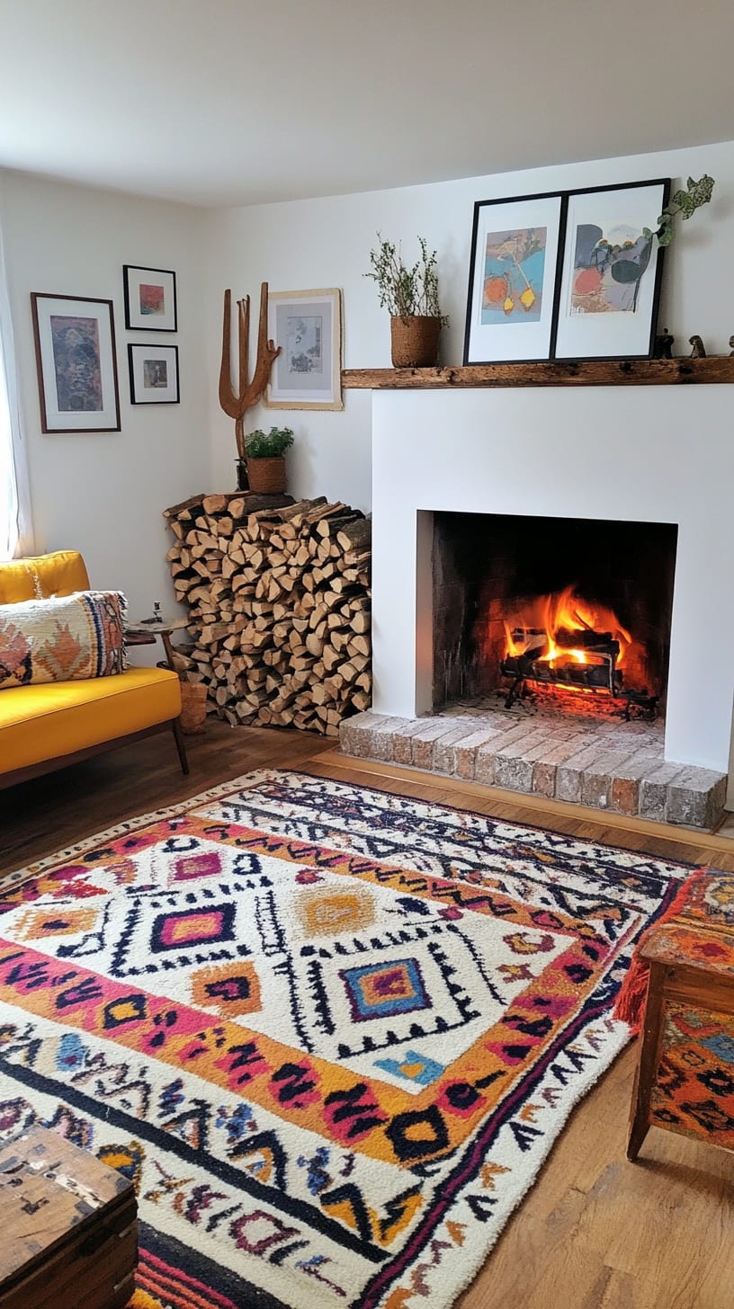 A cozy living room featuring a colorful Turkish rug, a crackling fireplace, a yellow sofa, and wooden decor, creating an inviting atmosphere.