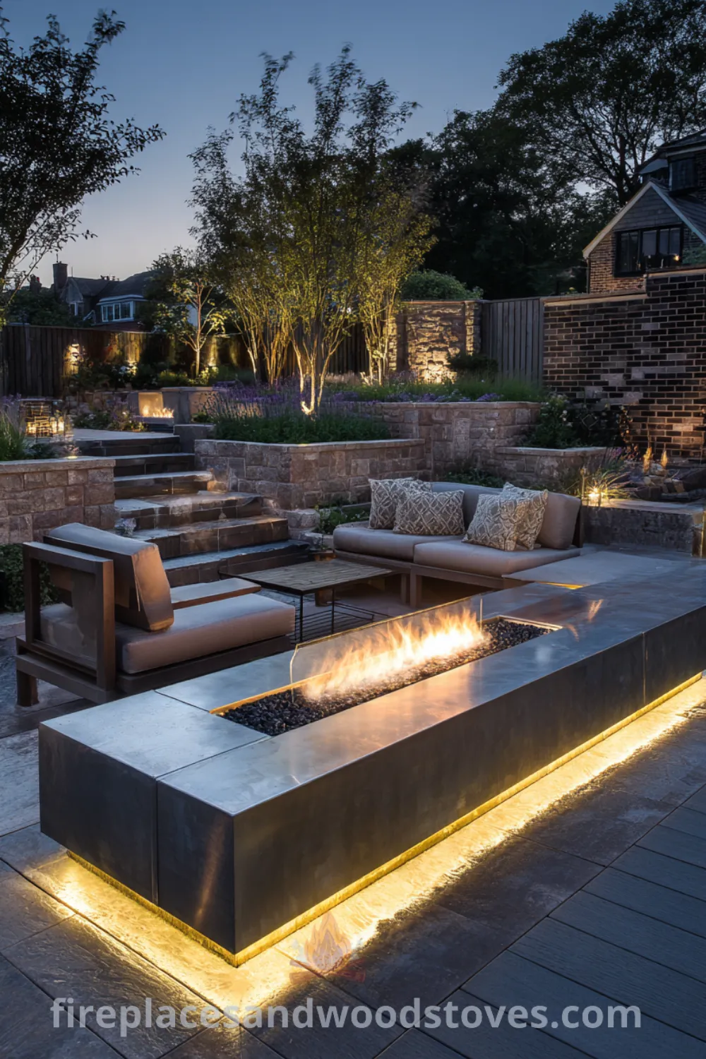 Sophisticated outdoor space featuring a modern minimalist fire pit, sleek composite decking, low outdoor furniture, and warm ambiance for relaxation.
