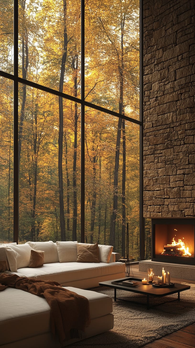 A modern living room with large windows showcasing an autumn forest, featuring a stone fireplace, cozy sofa, and warm lighting for a comfy atmosphere.