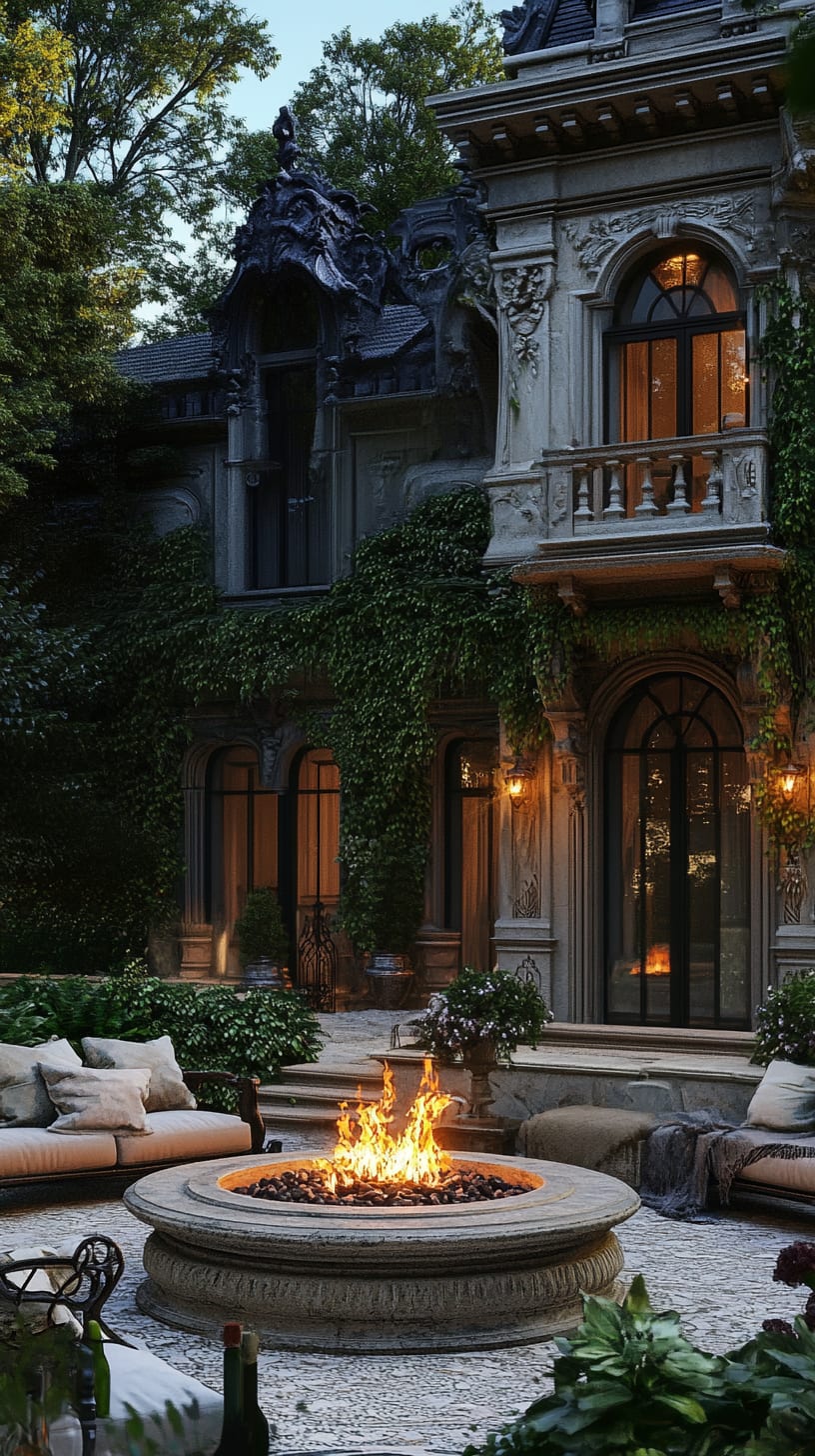 A grand mansion with ivy-covered walls and an elegant outdoor fire pit surrounded by comfortable seating and lush greenery in a serene garden setting.
