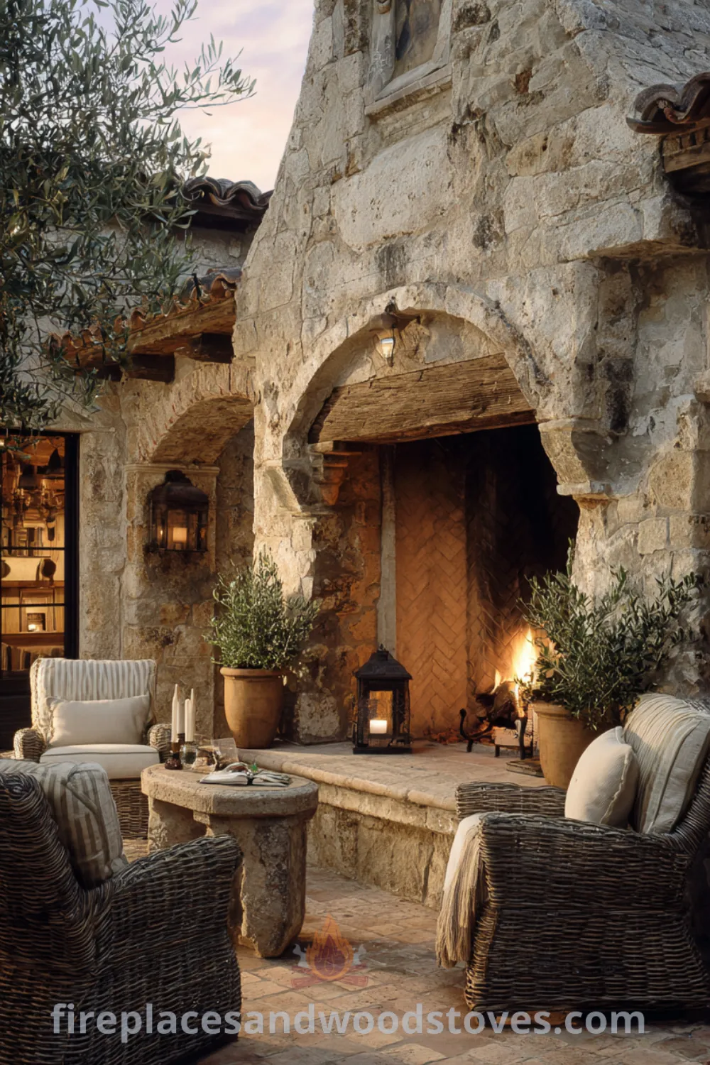 Mediterranean rustic outdoor fireplace with a large open hearth, reclaimed wood mantel, and warm evening glow ambiance.