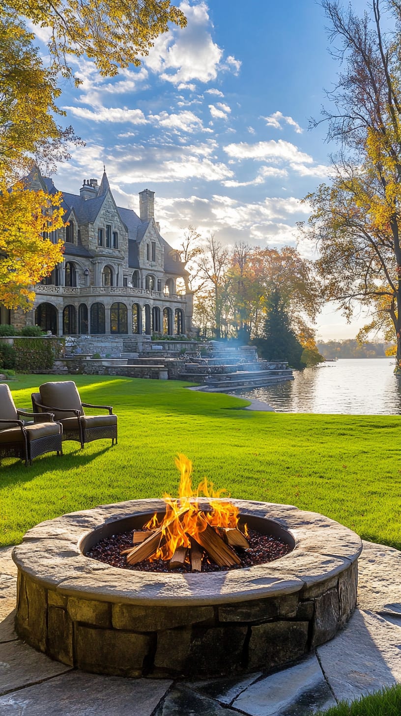 A beautiful fire pit surrounded by chairs on a green lawn, with a lake view and colorful autumn leaves, near an elegant mansion.