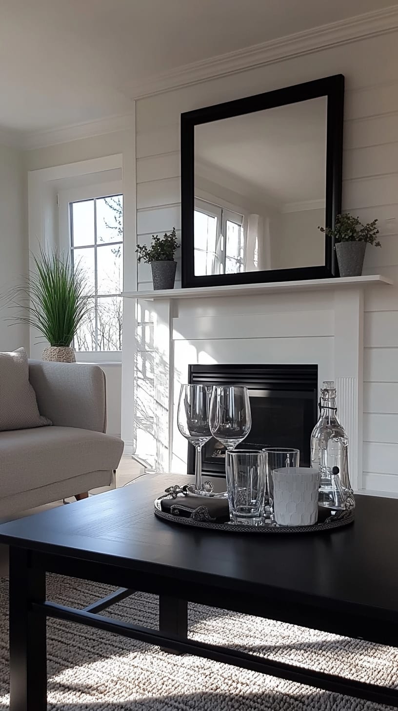 A cozy living room featuring white shiplap walls, a black coffee table with an empty tray and glasses, a fireplace, and a large square mirror above, all illuminated by natural daylight.